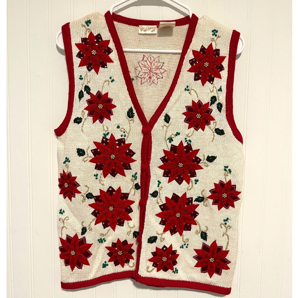 Vintrage Bobbie Brooks Christmas Sweater Vest Women S White Poinsettia Beaded
